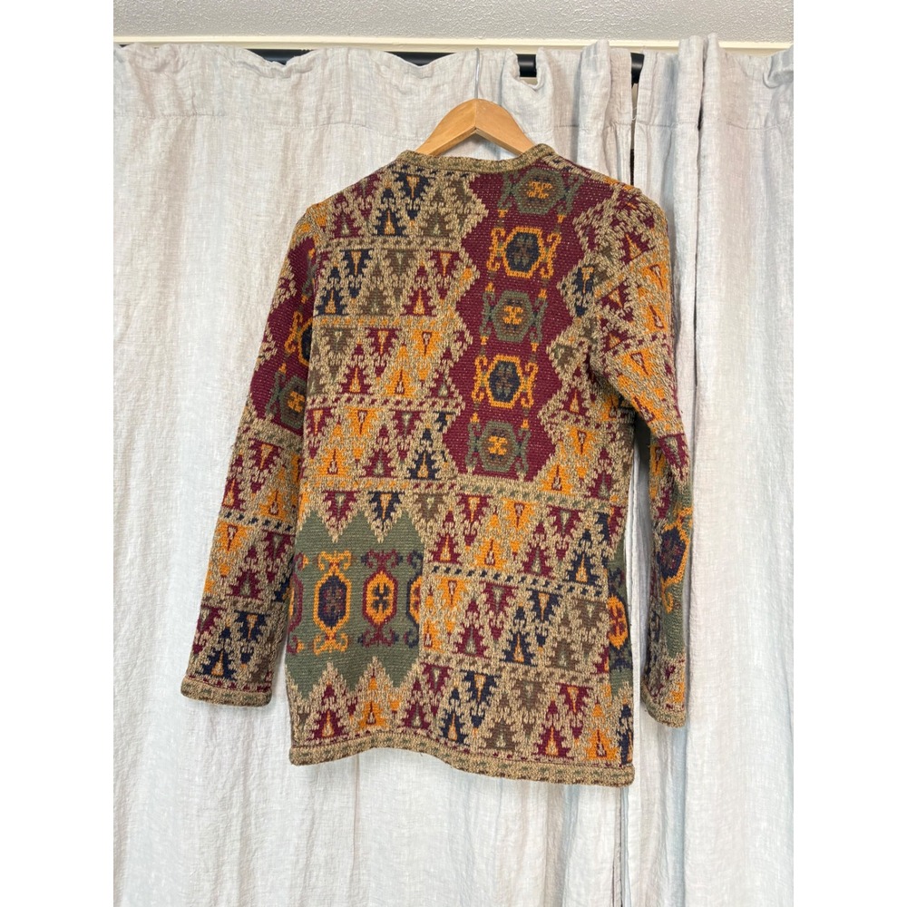 Doncaster Womens Wool Blend Tapestry Geometric Cardigan Sweater Burgundy Green S - Picture 2 of 7